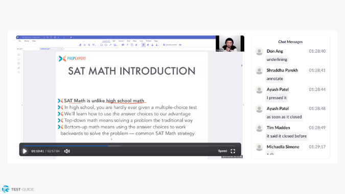 A screenshot from the Prep Expert SAT course showing an example live online lecture
