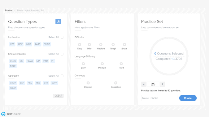 A screen capture of the interface you can use to create your custom practice sets.