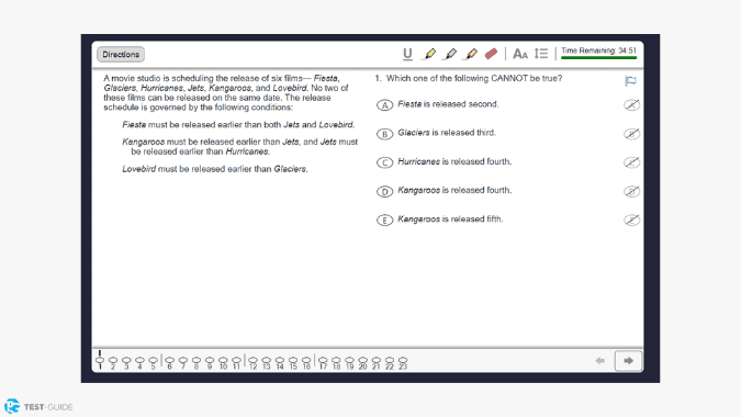 Screen capture of a practice test we found when we took the Princeton Review online LSAT course.
