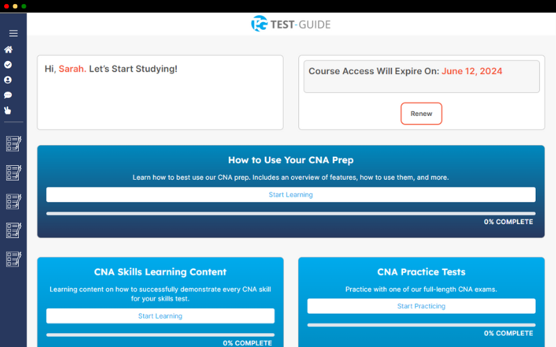A screenshot of the Test-Guide.com CNA Dashboard