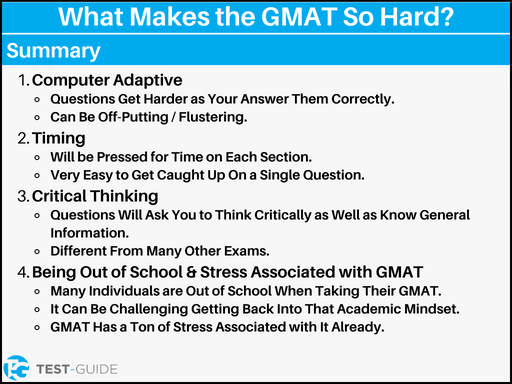 An image listing the factors that make the GMAT so hard
