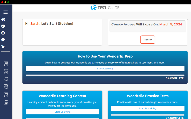 A screenshot of the Test-Guide.com Wonderlic Dashboard Page