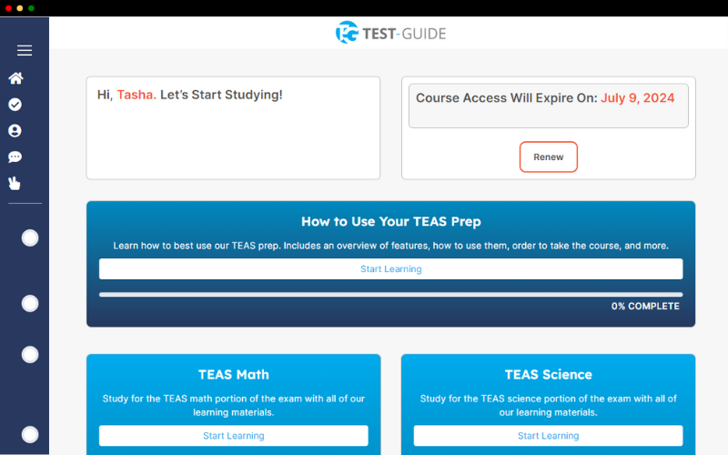 A screenshot showing our TEAS prep course dashboard