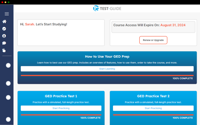 A screenshot from our GED prep course showing our dashboard